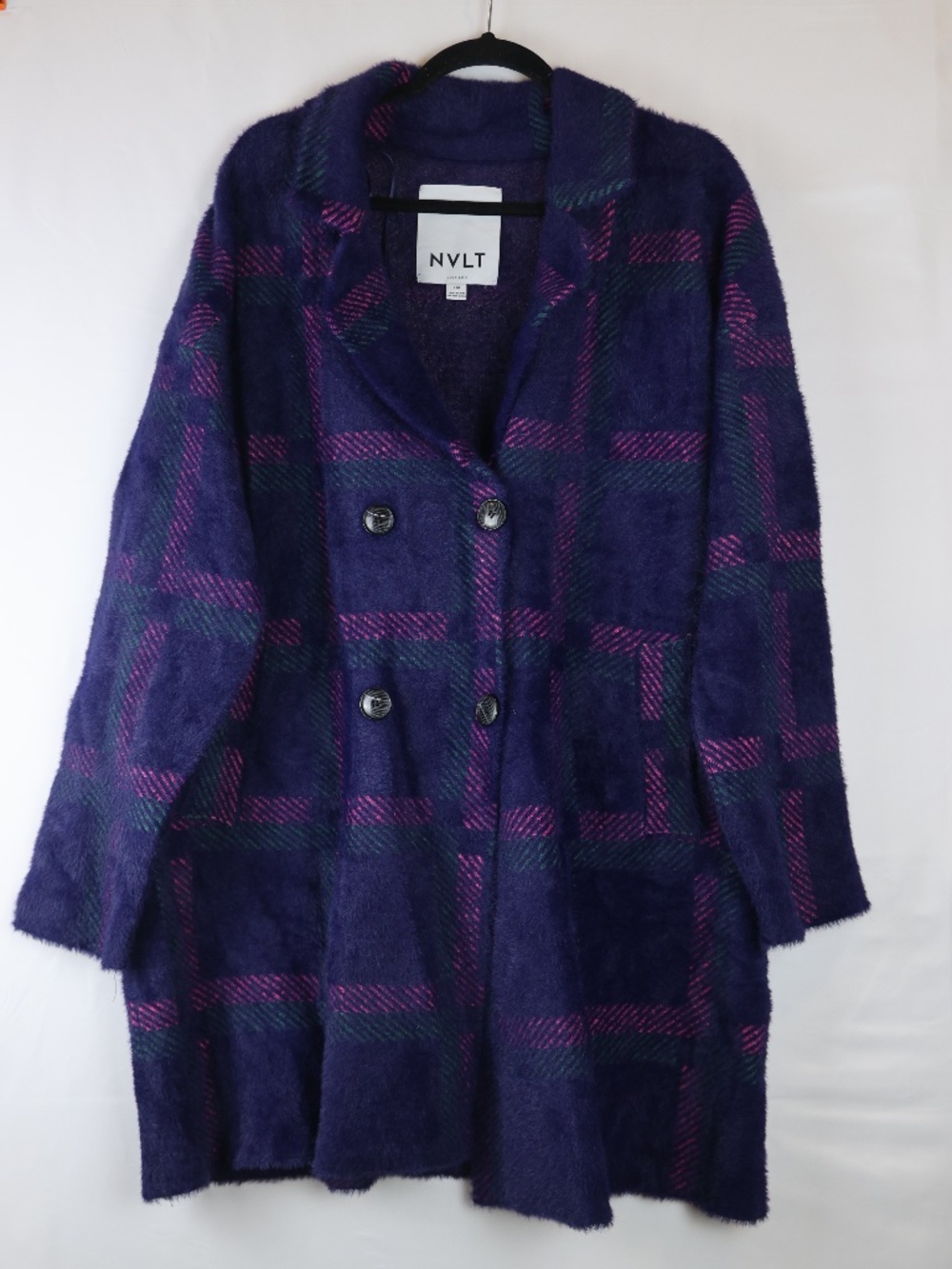 NVLT Women's Double-Breasted Plaid Pea Coat in Navy with Purple & Green